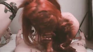 Rubbing shit on her big ass while sucking cock