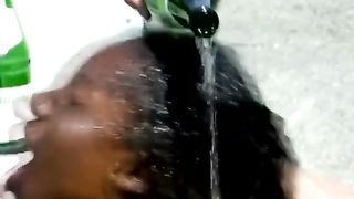 Ebony slut sucks and fucks hard white dicks outdoors