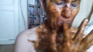 Fat milf smearing poop on her naked body