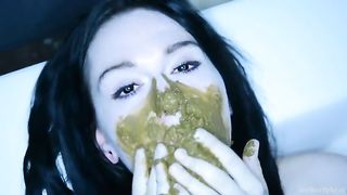Smoking hot brunette rubbing poop on naked body