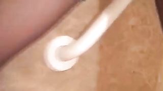 Hot blonde babe peeing on her slave