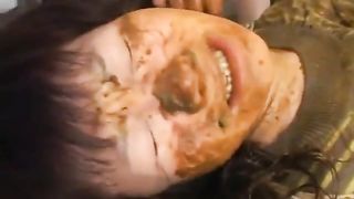 Hairy Asian shitting in slaves opened mouth