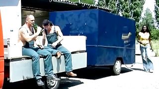 Two white guys exploit hot black babe and urinate over her face