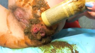 Shampoo bottle in her tight asshole