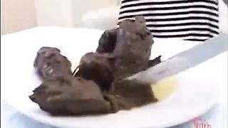 Sexy Japanese girls eating poop with a metallic knife