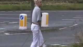 Cool blonde girl peeing