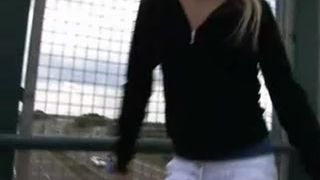 Blonde babe in mini skirt peeing