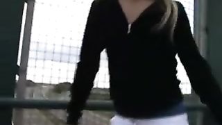 Blonde babe in mini skirt peeing