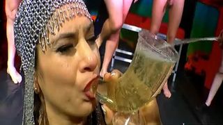 European slut gets showered in pissing gang bang