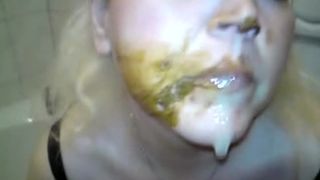 Busty blonde eats poop