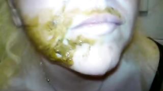 Busty blonde eats poop