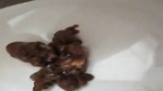 Shaved girl pooping on a plate