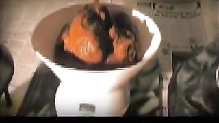 Shaved blonde girl shitting