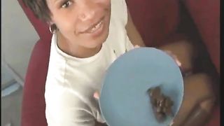 Ebony girl smearing saved poop on her ass