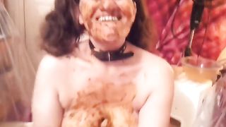 Kinky babe smears poop on her natural tits