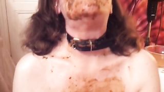 Kinky babe smears poop on her natural tits