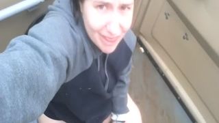 Fat American shitting in a public bathroom