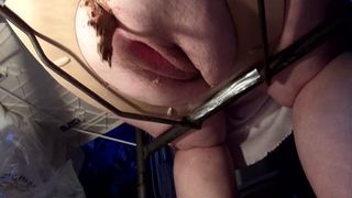 Fat girl shitting on homemade toilet
