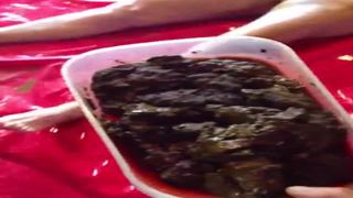 Old French lady smears shit