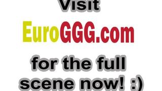 Wicked brunette from Europe sucks off several hard dicks and ge