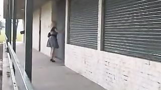 Busty blonde milf peeing outdoor