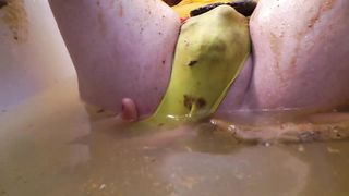 Dirty tranny eats poop from her panties