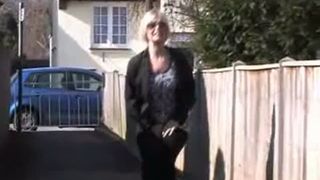 Busty blonde British milf peeing outdoor
