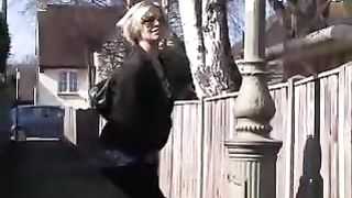 Busty blonde British milf peeing outdoor