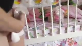 Skinny milf shitting in white diapers