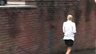 Skinny blonde peeing in public