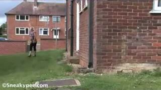 Curly blonde milf peeing outdoor