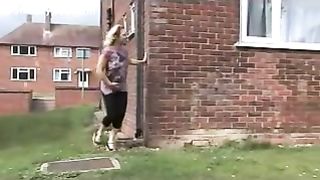 Curly blonde milf peeing outdoor