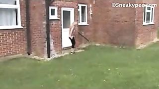 Curly blonde milf peeing outdoor