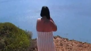 Pierced granny shitting outdoor