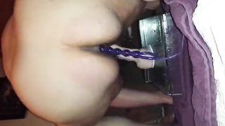 Fat girl shitting on a long dildo
