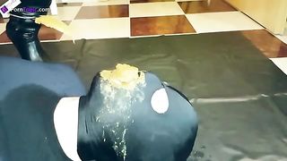 Busty blonde mistress feeding her male slave