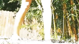 Panties aside to poop in back yard