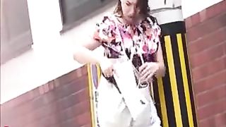 Brown haired girl pooping