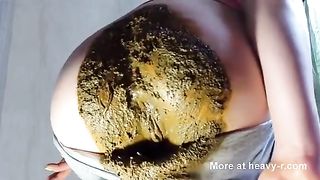 Young brunette teasing after messy panty poop