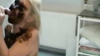 Blonde babe masturbating while pooping