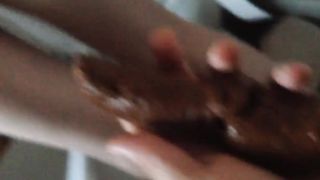 Huge turd on her hands