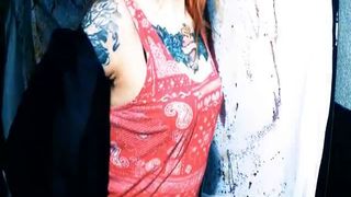 Redhead girl eating shit in public place