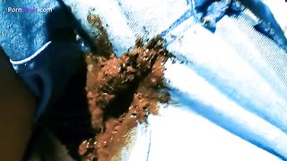 Redhead girl eating shit in public place