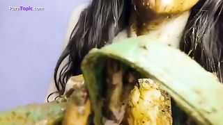 Dark haired college girl smears shit on her entire body