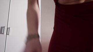 Wearing a tight red dress before pooping