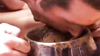 Forced male slave to eat poop from metallic bowl