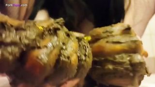 Smearing shit on her slim body