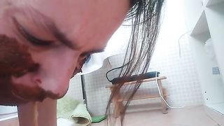 Mature woman masturbates with shit