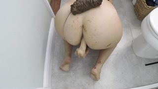 Blonde babe giving birth to a monster turd