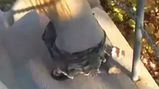 Sexy blonde shitting in a forest